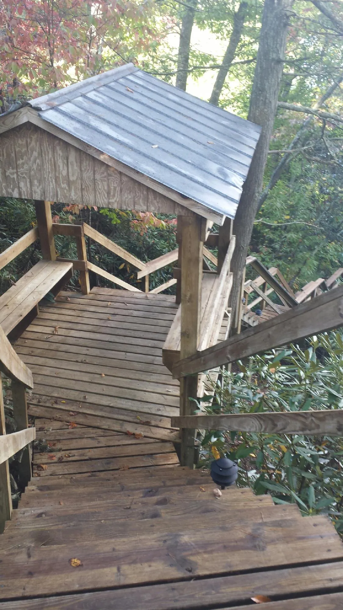 Metal roofed shelter over wooden steps on a wooded walkway — Skylight Repair & Installation work by our crew in Burr